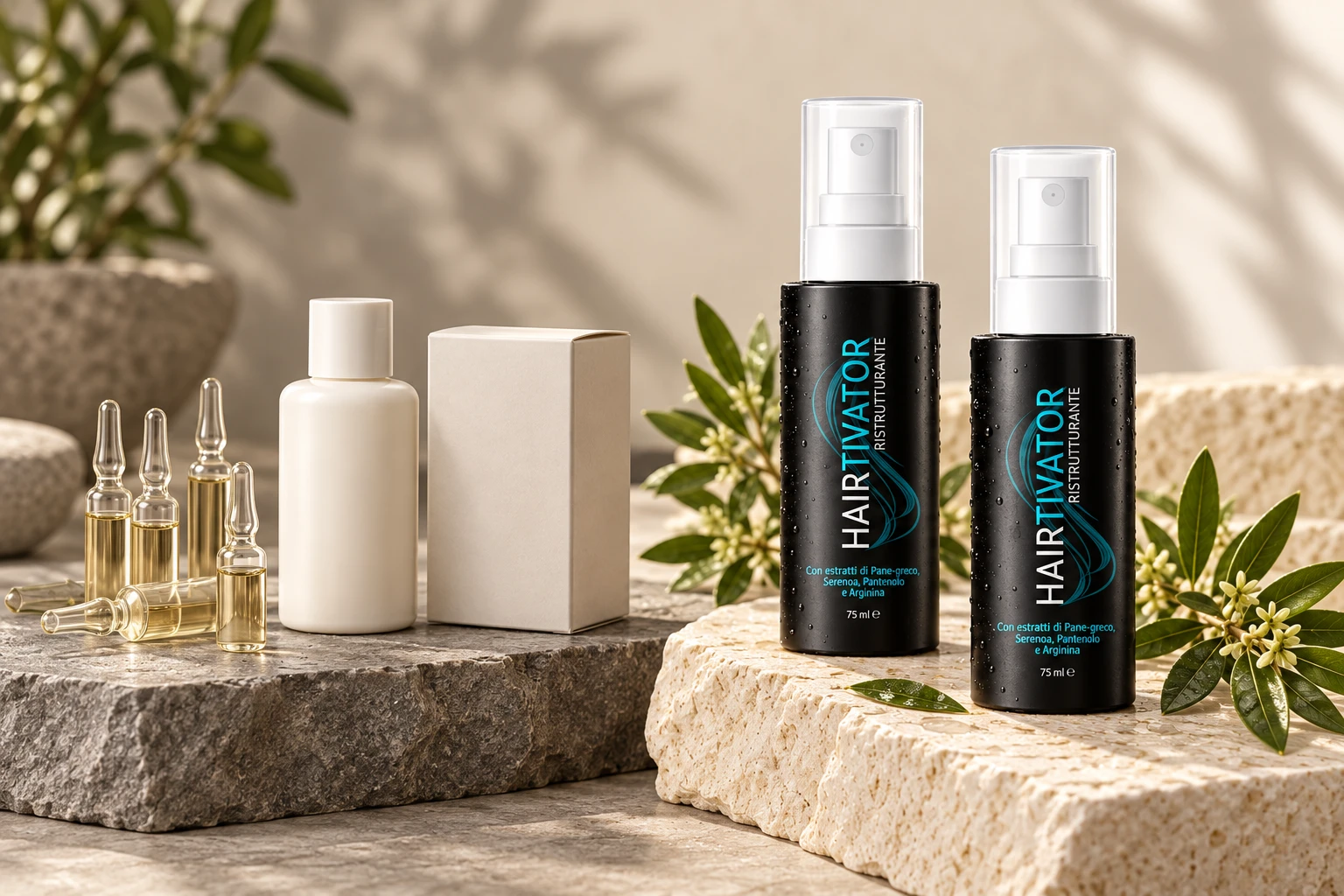 Fiale e lozioni generiche a sinistra, due flaconi Hairtivator a destra
