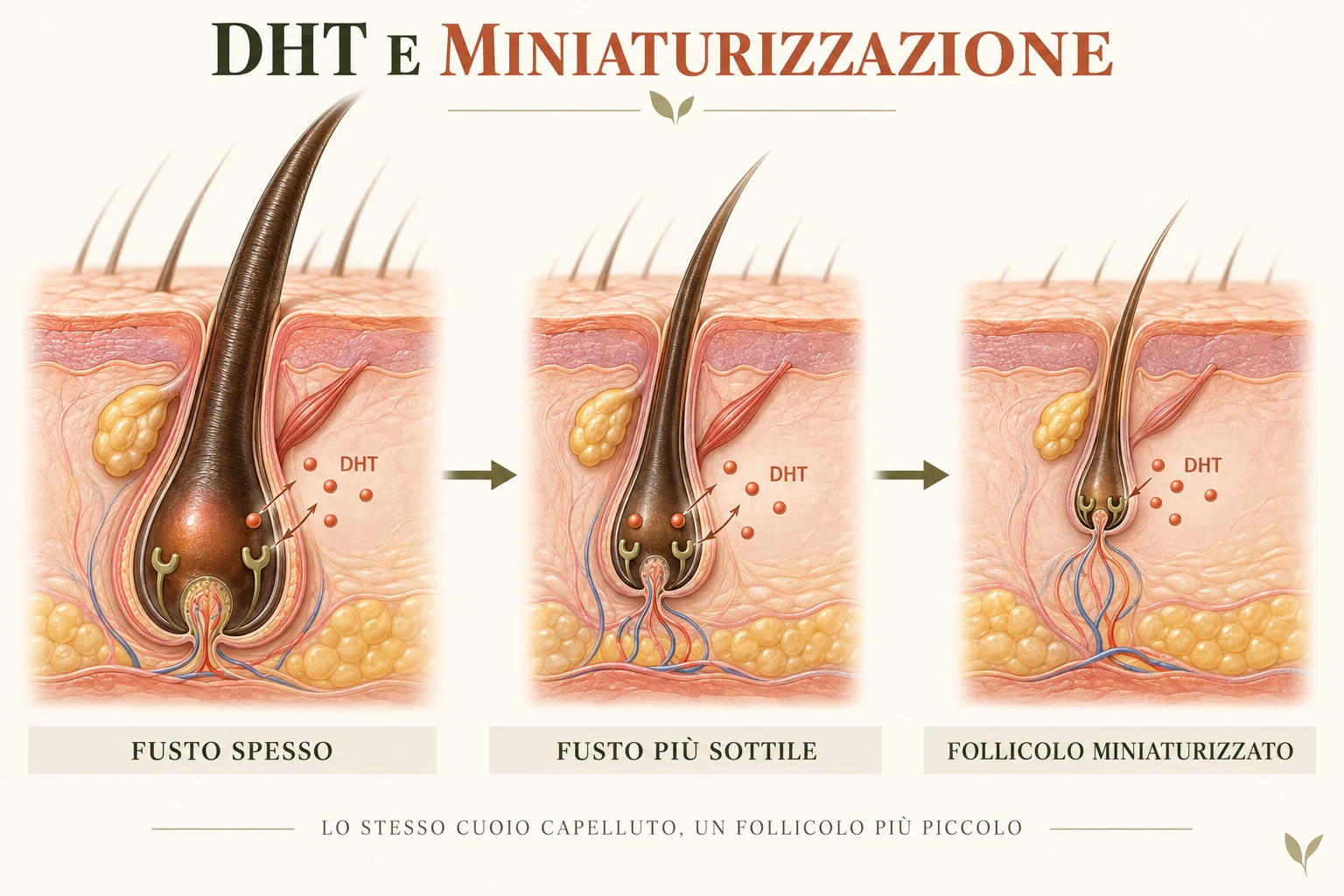 Diagramma della miniaturizzazione: fusto spesso, fusto più sottile e follicolo miniaturizzato