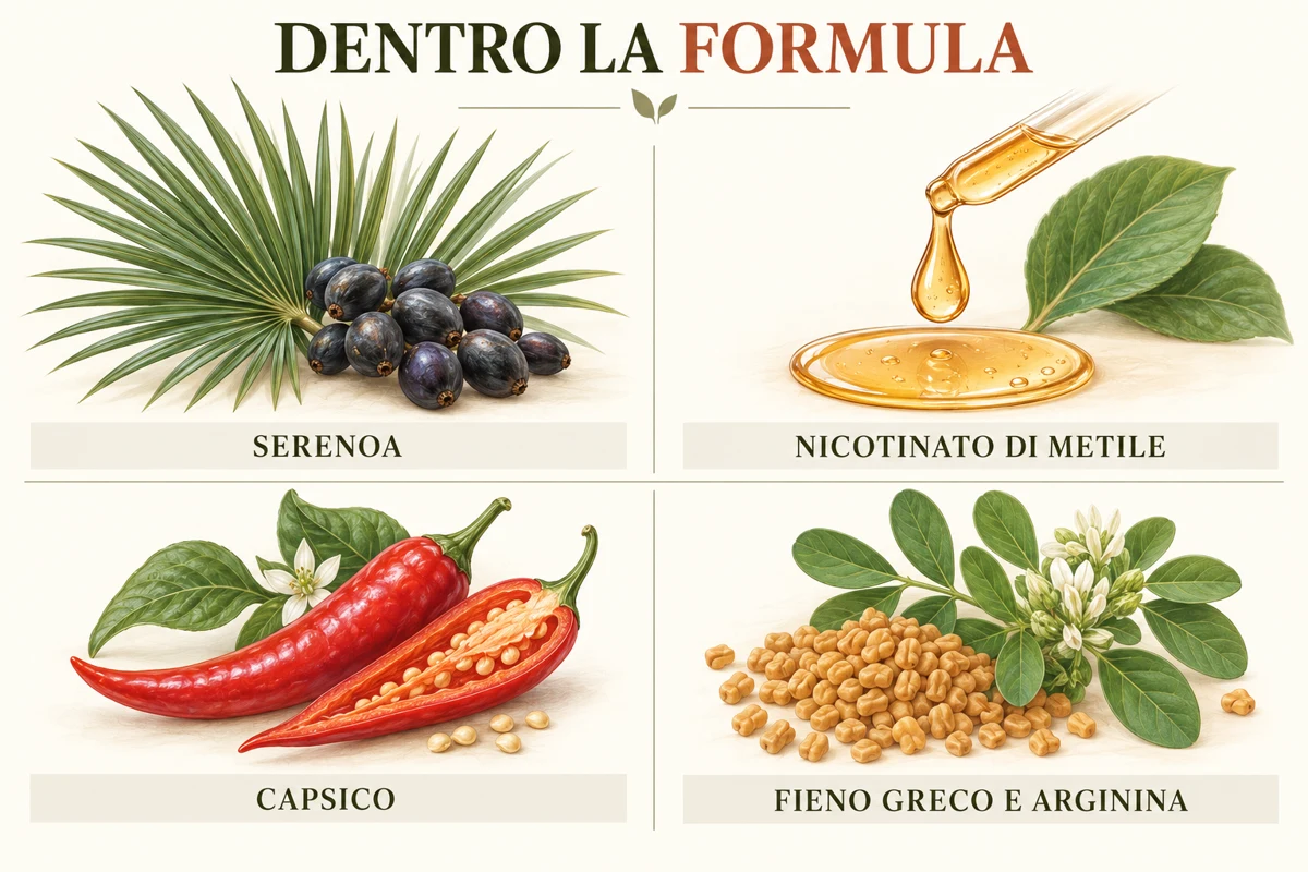 I quattro gruppi di ingredienti della formula: serenoa, nicotinato di metile, capsico, fieno greco e arginina