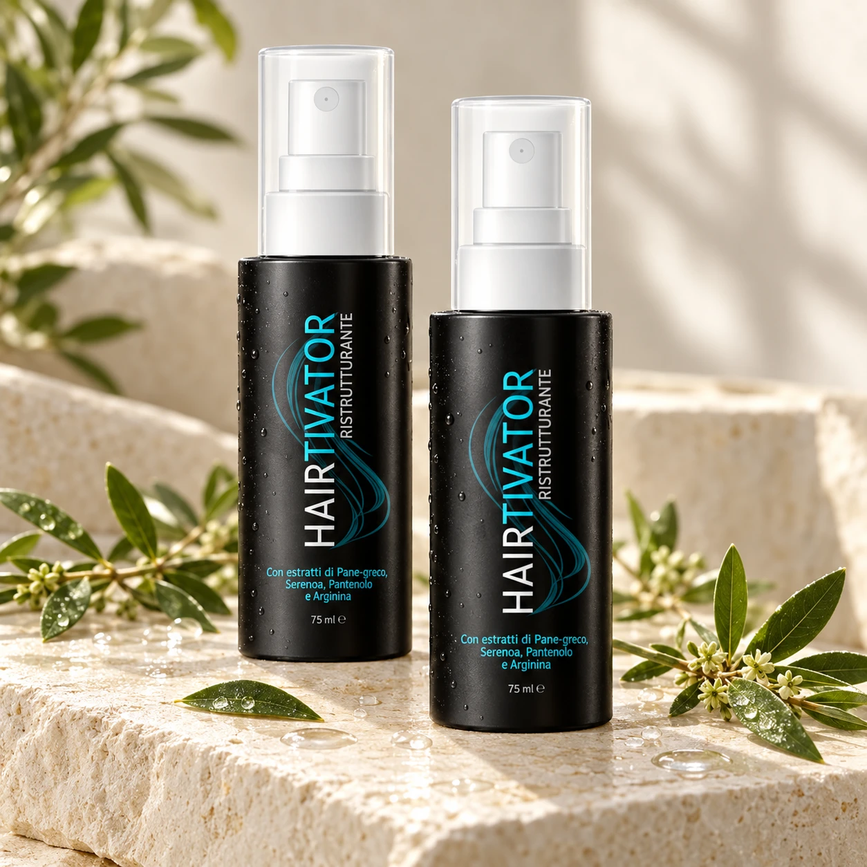 Due flaconi spray Hairtivator con tappo bianco